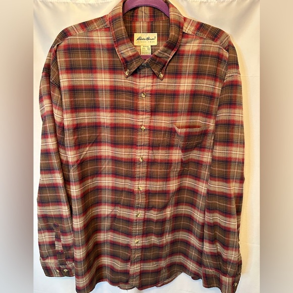 Eddie Bauer Men’s 2XL Brown Red Plaid Long Sleeve Button Down Outdoor Classic - Picture 2 of 8